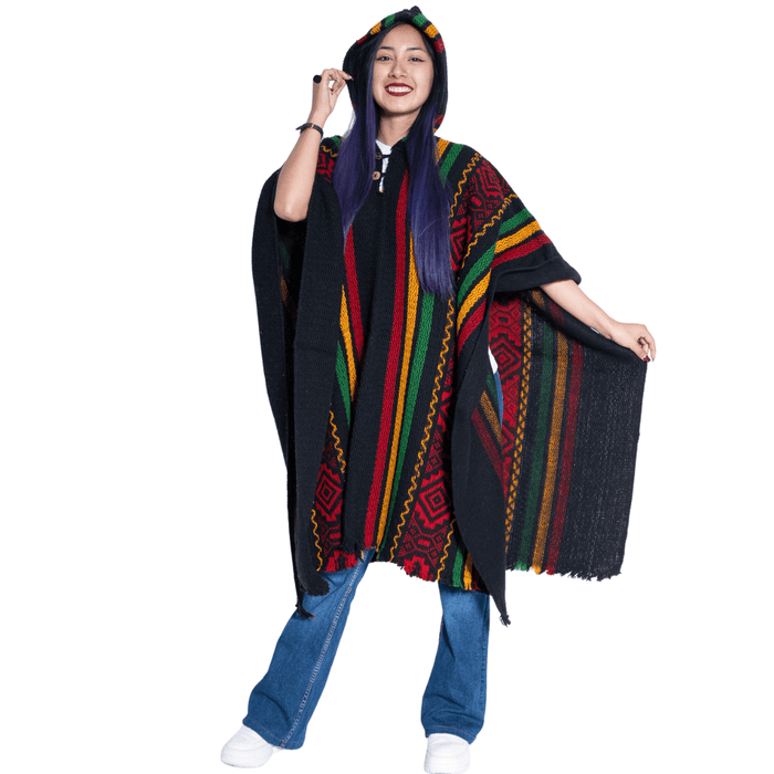 Handwoven hooded wool poncho