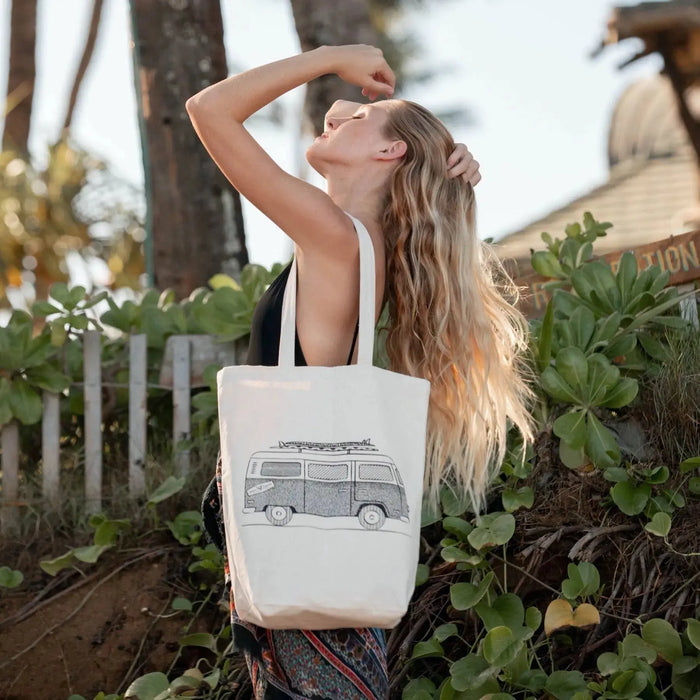 Organic Cotton Tote Bag Vintage VW Bus - Cool Surf Style Bag West Path